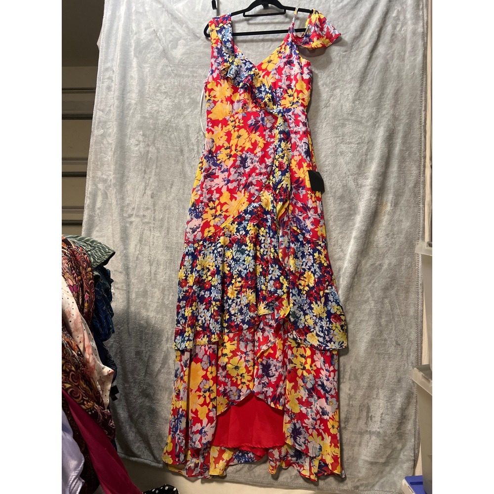 Lulus Maxi Dress Floral High-LowRuby Red Ruffle Cold Shoulder Medum - Picture 15 of 16